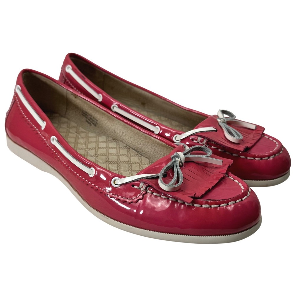 LL Bean Boat Shoes Womens 8.5M Pink Patent Leather Kiltie Fringe Driving‎ Mocs